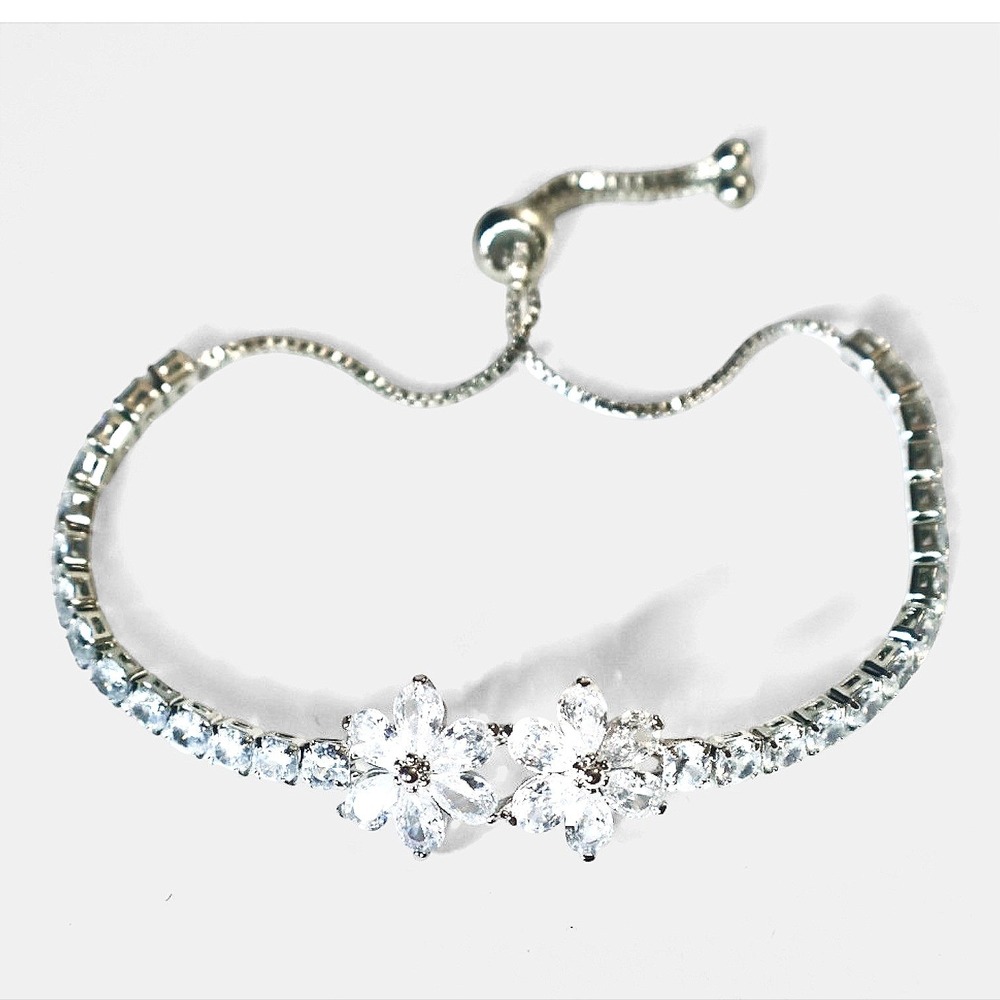 Swarovski Crystal Silver Plated Floral Tennis Slider Adjustable Bracelet New